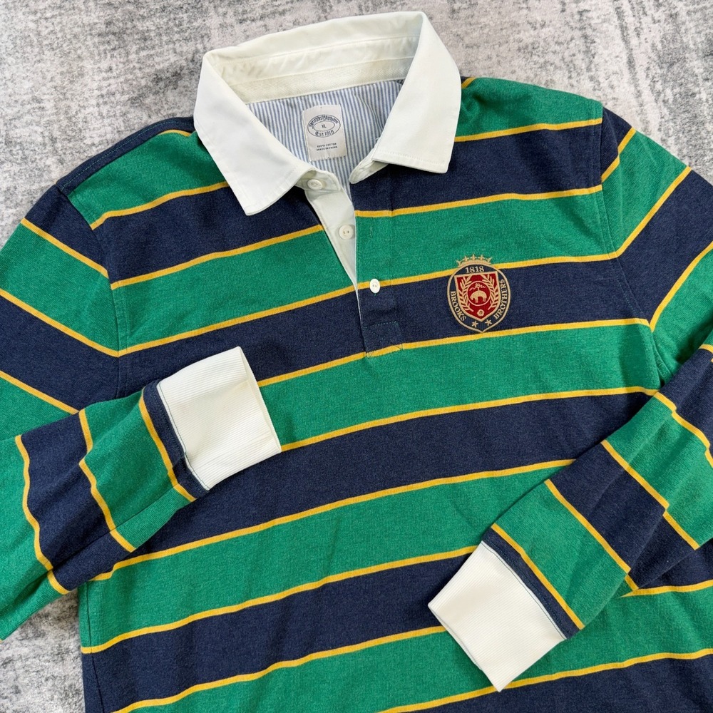 Brooks Brothers Rugby Polo Shirt Mens XL Green Striped Crest Logo Preppy Ivy